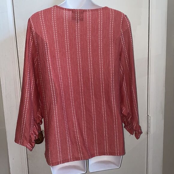 ANTHROPOLOGIE W5 Coral Dot Stripe Ruffle Sleeve Top-M - Picture 3 of 5